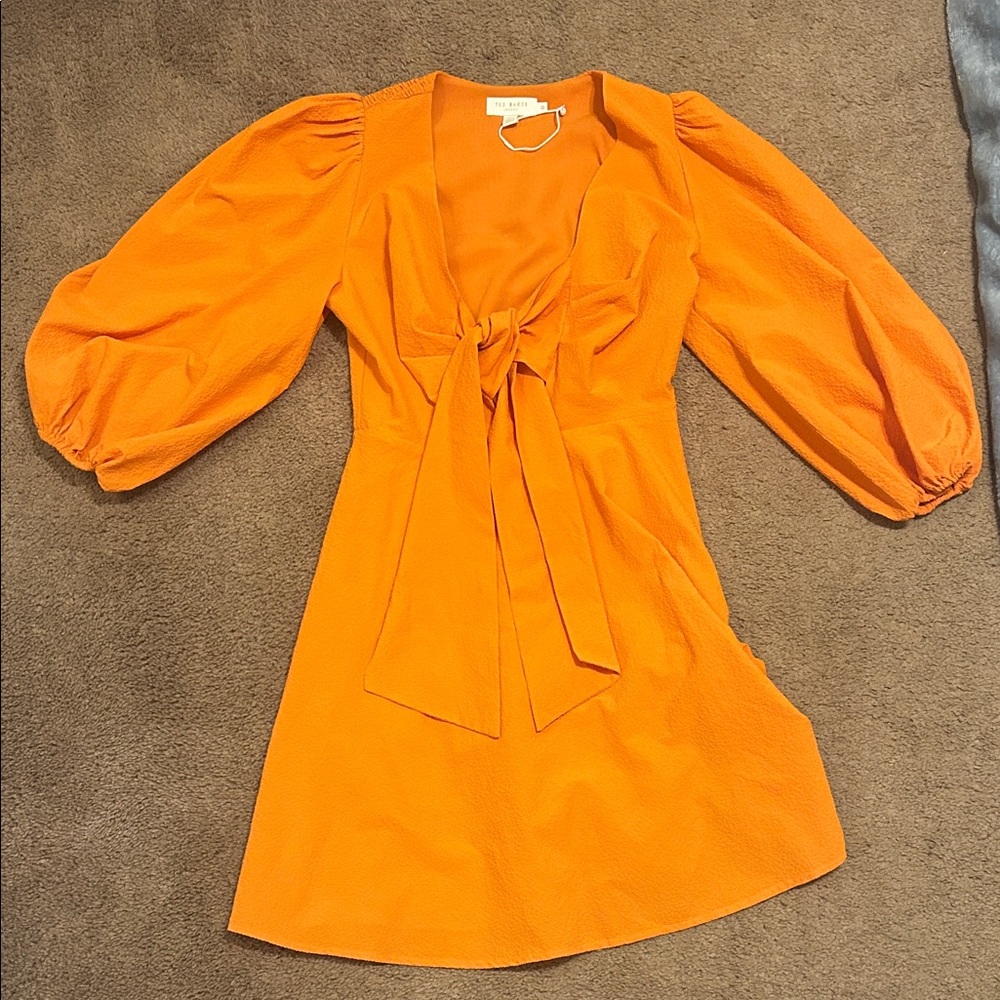 Ted Baker Bright Orange Tie-Front Puff Sleeve Mini Dress